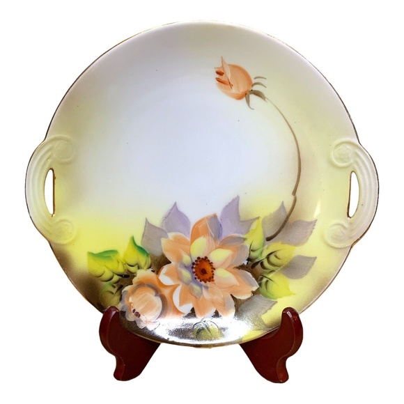 Noritake Hand Painted Plate Signed Morimura 2 Handled Yellow Pink Blossom VTG - Picture 1 of 11